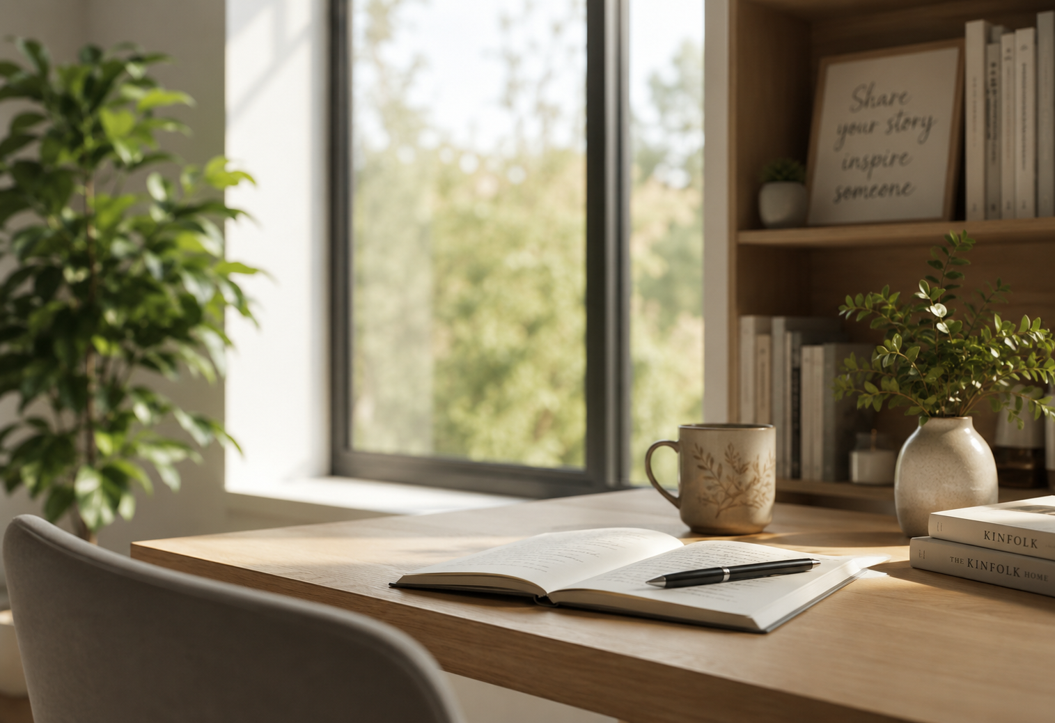 Person writing in a journal in a sunlit room